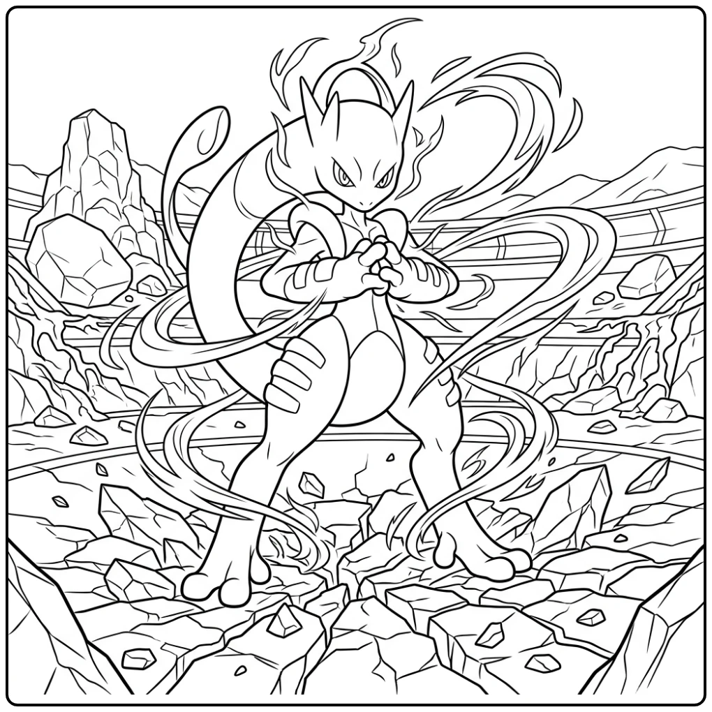 Krachtige pokemon kleurplaat mega mewtwo in de arena.