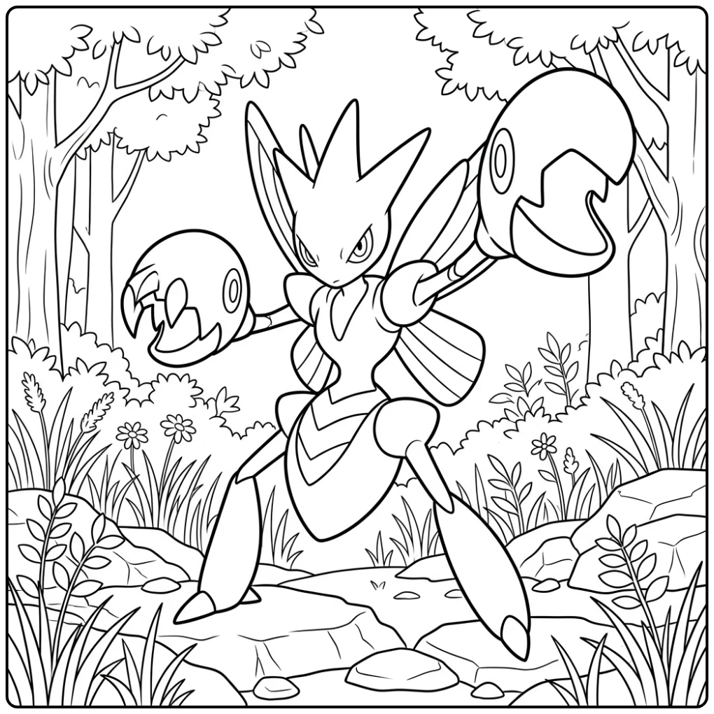 Pokemon Scizor kleurplaat in een gevechtshouding in het bos.