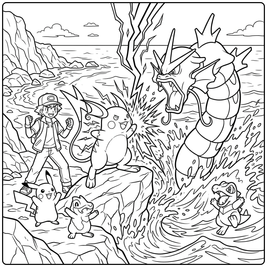 Raichu kleurplaat: Raichu gebruikt Thunderbolt tegen Gyarados