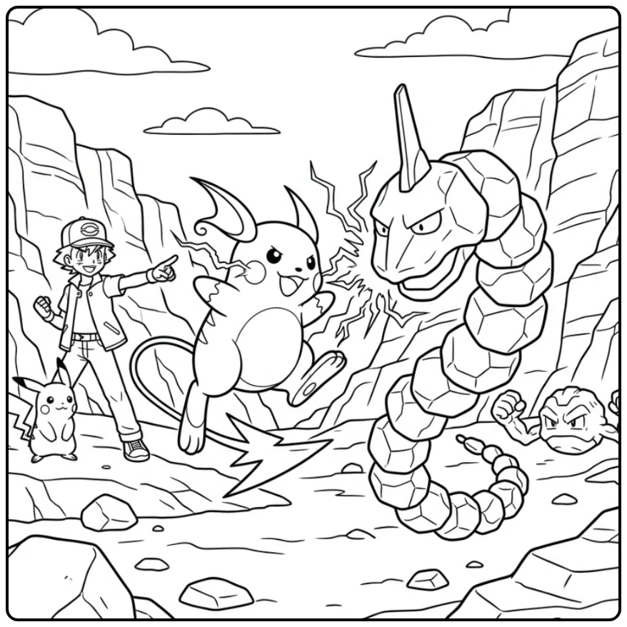 Spannende raichu kleurplaat: Raichu's bliksem tegen Onix.