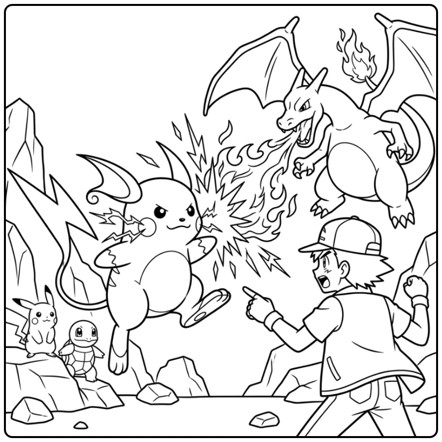 Spannende raichu kleurplaat van Raichu's strijd met Charizard