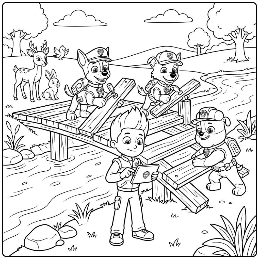 Ryder Paw Patrol kleurplaat: Ryder met tablet, pups repareren brug.