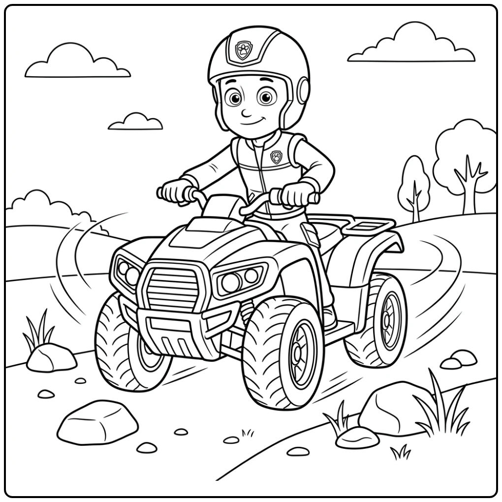 Ryder Paw Patrol kleurplaat: Ryder op zijn ATV, klaar voor actie!