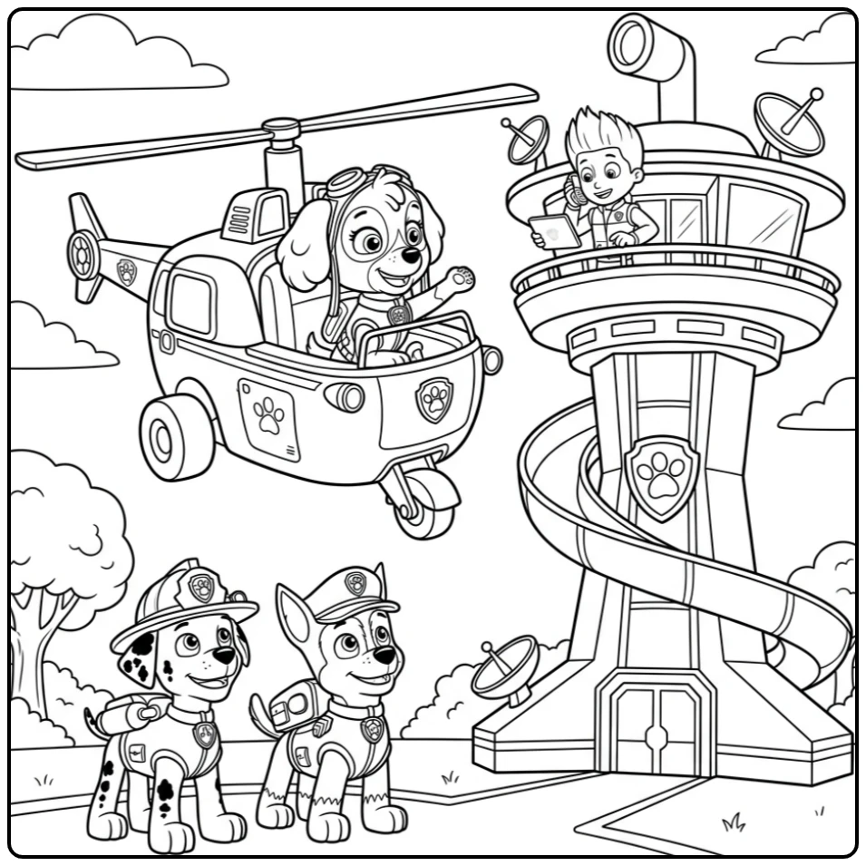 Skye Paw Patrol kleurplaat: Skye vliegt bij de Uitkijktoren