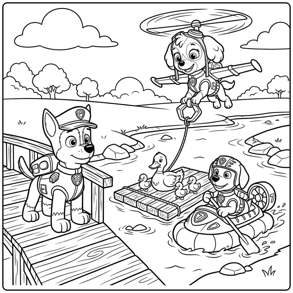 Skye Paw Patrol kleurplaat: Skye redt eendenfamilie met Zuma bij de rivier.