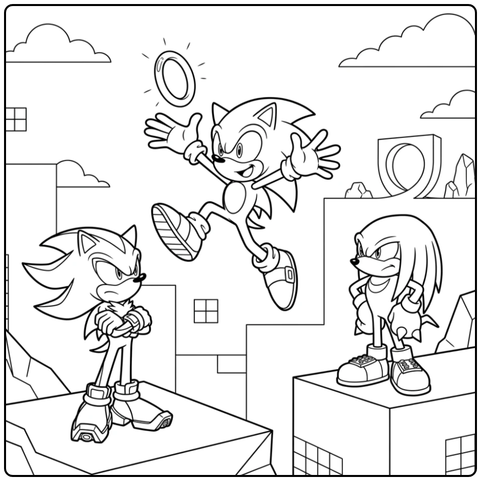 Spannende sonic kleurplaat: Sonic springt, Shadow en Knuckles kijken toe.