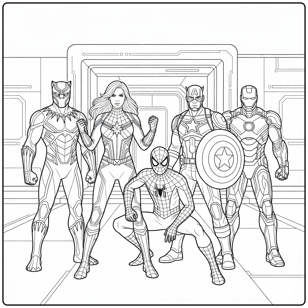 marvel kleurplaat met Iron Man, Spider-Man en Black Panther