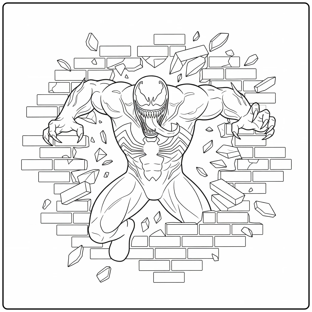 Stoere venom kleurplaat waar hij door een muur heen breekt.