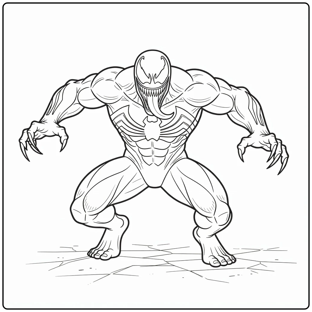 Stoere venom kleurplaat hurkend met lange tong.