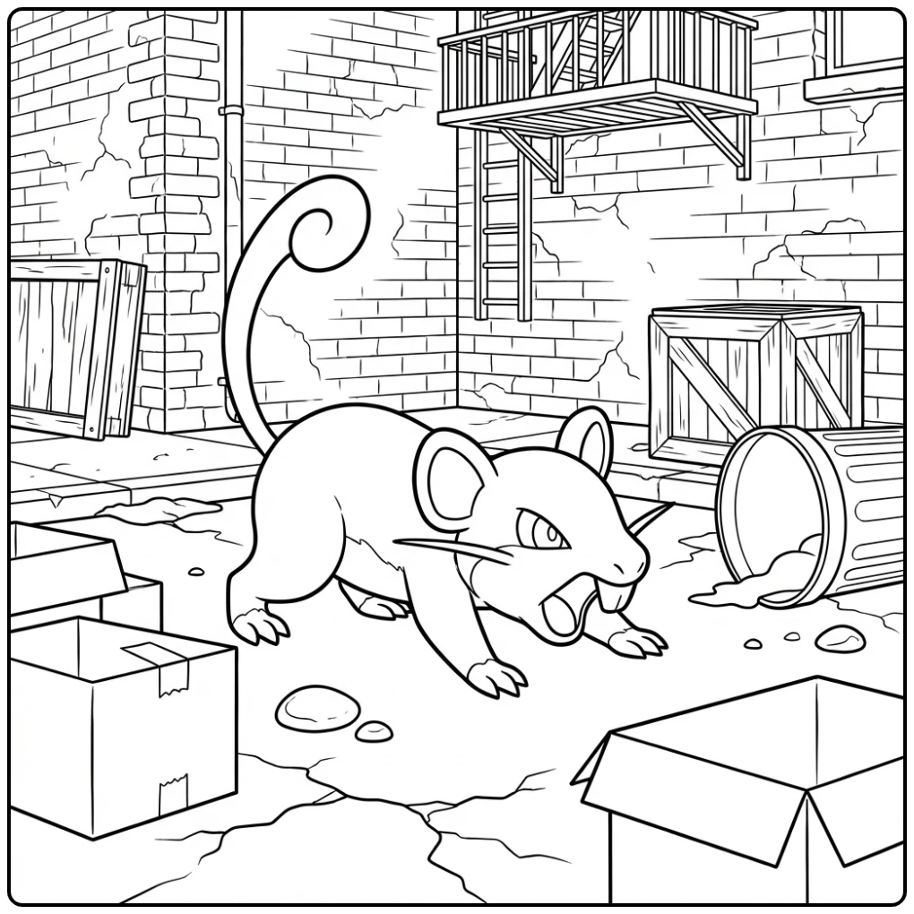 Gedetailleerde Rattata kleurplaat in een stadssteegje.