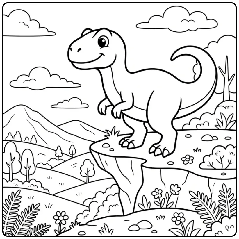 Leuke dino kleurplaat van een Allosaurus op een rots.