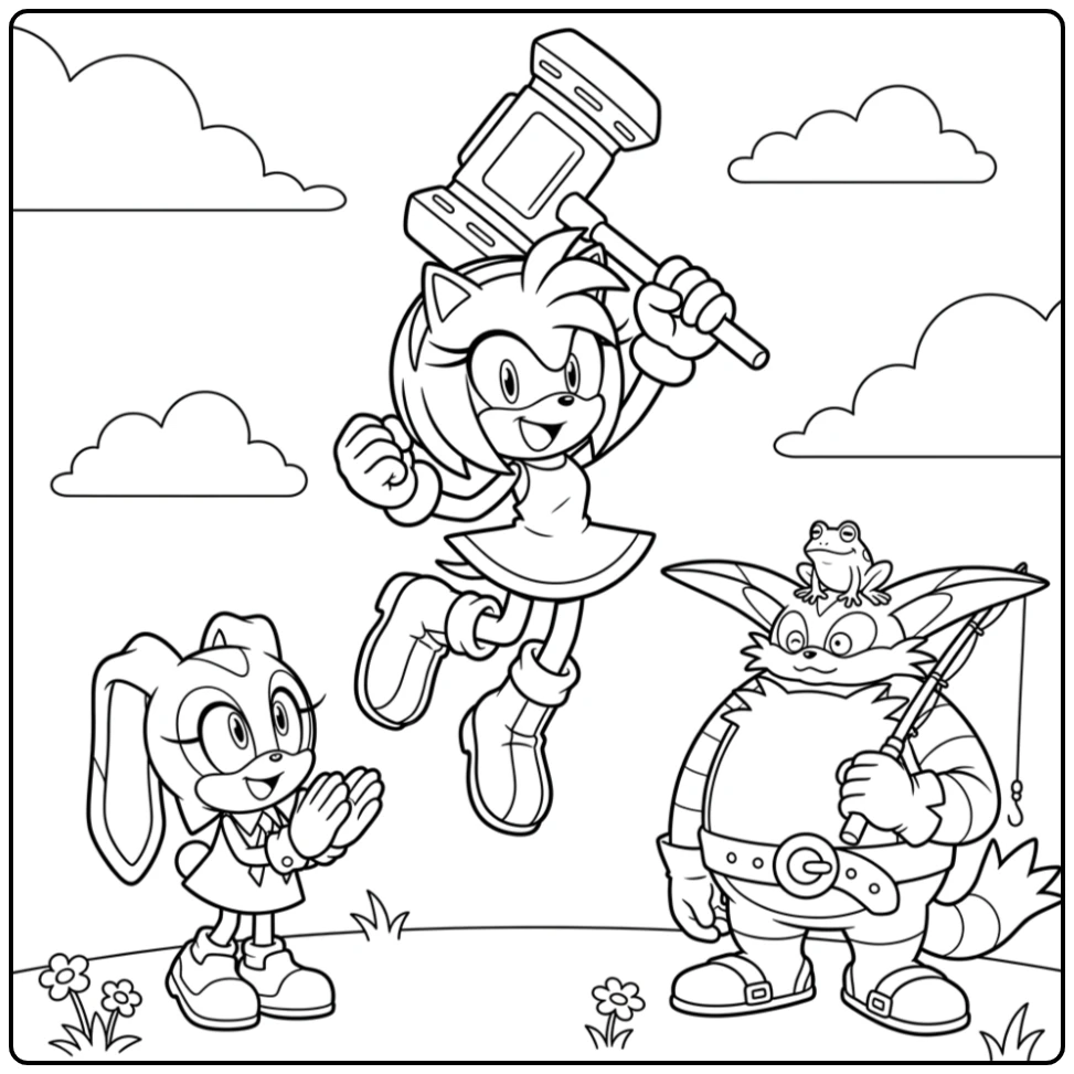 Amy Rose springt vrolijk met hamer, Cream klapt. Een amy sonic kleurplaat.