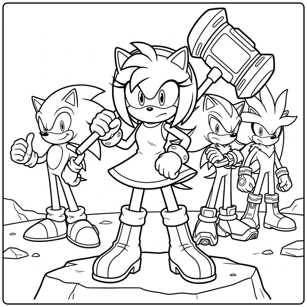 Heldhaftige Amy Rose met hamer, omringd door team Sonic, amy sonic kleurplaat