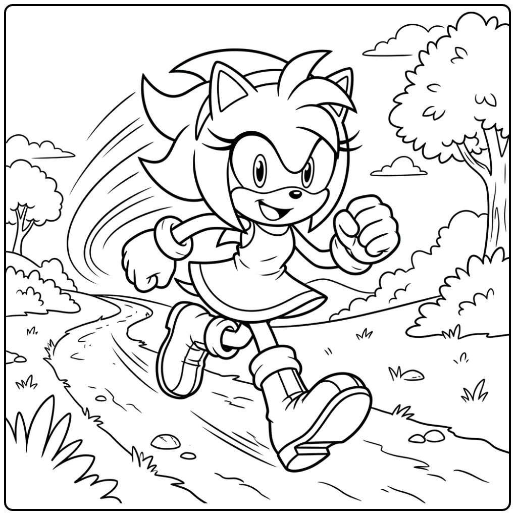 Energetische amy sonic kleurplaat: Amy Rose rent met volle vaart vooruit.