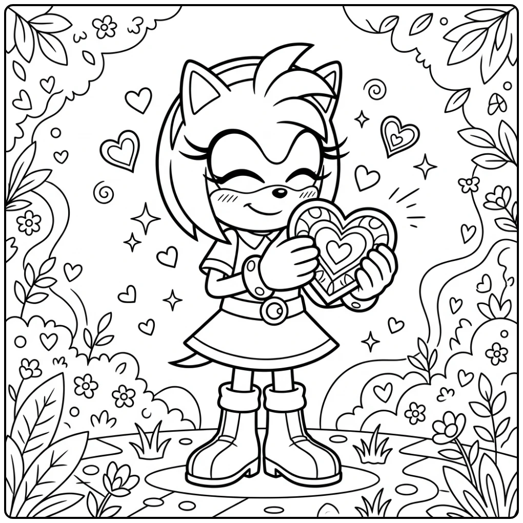Lieve Amy Rose met hart, perfecte amy sonic kleurplaat om in te kleuren.