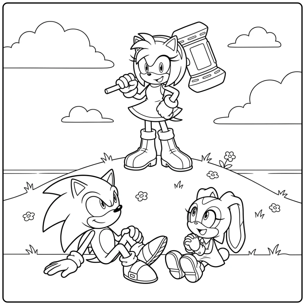 Trotse Amy Rose op een heuvel met haar hamer. Een fijne amy sonic kleurplaat.