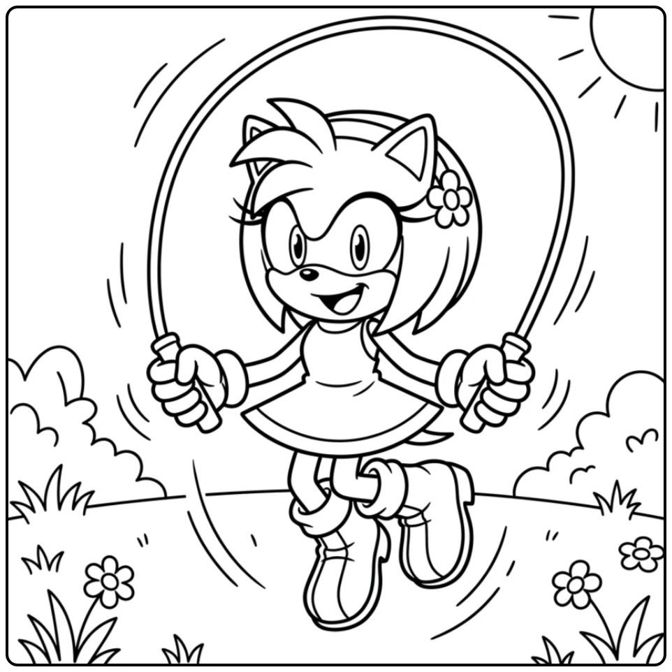 Vrolijke amy sonic kleurplaat met Amy Rose die touwtjespringt.