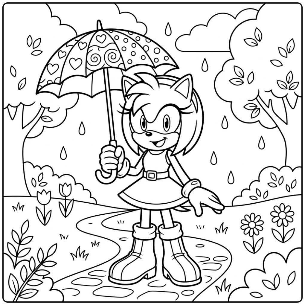 Amy Rose met paraplu, een charmante amy sonic kleurplaat