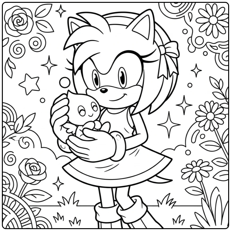 Amy Rose met klein huisdier, een schattige amy sonic kleurplaat.