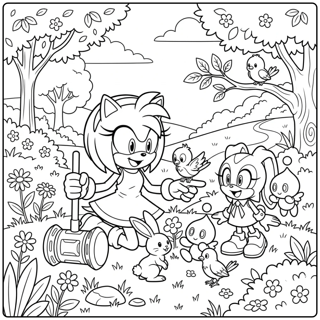 Amy Rose speelt met lieve dieren, een vrolijke amy sonic kleurplaat.