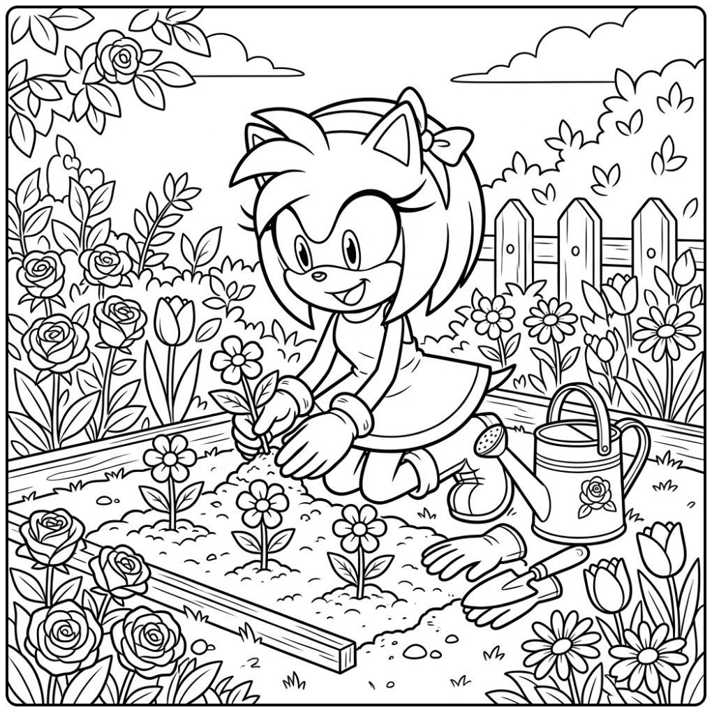 Amy Rose plant bloemen in haar tuin. Ideale amy sonic kleurplaat.