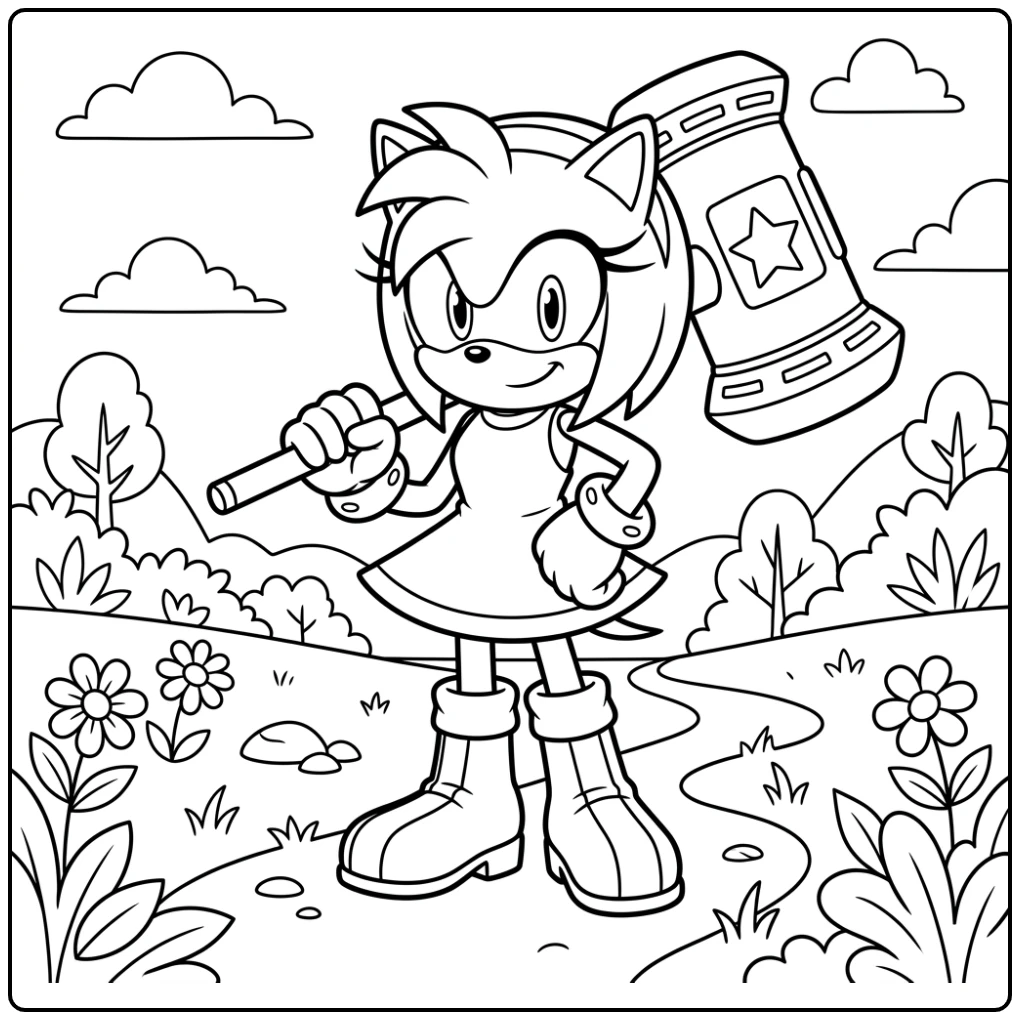 Amy Rose met hamer, vol zelfvertrouwen op deze amy sonic kleurplaat.