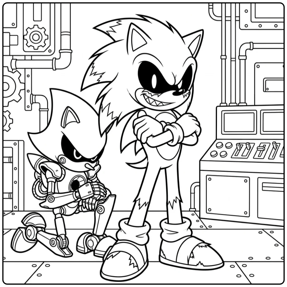 Sonic Exe kleurplaat toont Metal Sonic onder zijn controle
