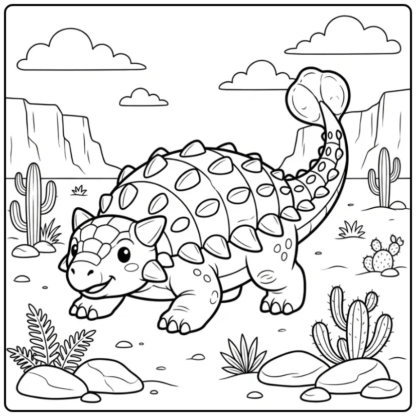 Schattige rustende Ankylosaurus dino kleurplaat op het zand.