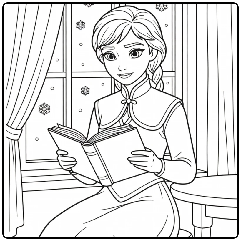 Mooie anna kleurplaat waar ze rustig een boek leest.