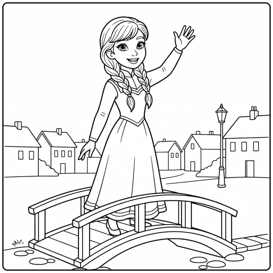 Vrolijke anna kleurplaat op een brug in een rustig dorpje.