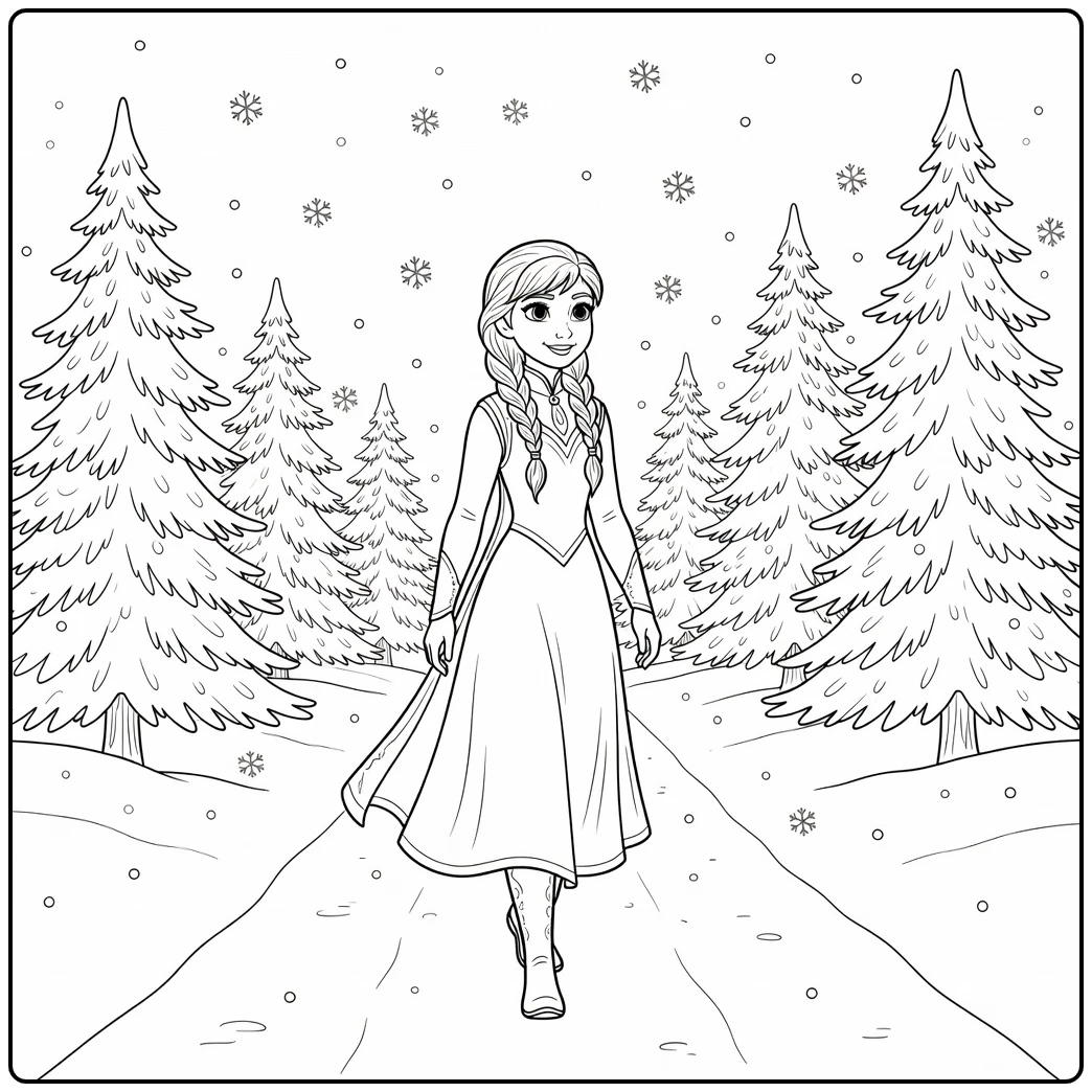 Mooie anna kleurplaat in een besneeuwd bos met dennenbomen.