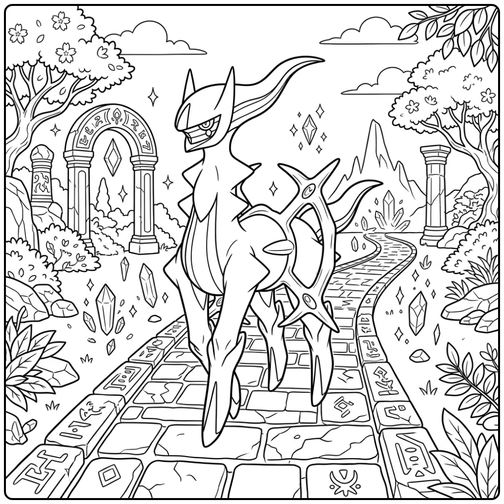 Majestueuze pokemon kleurplaat arceus op een heilig stenen pad.