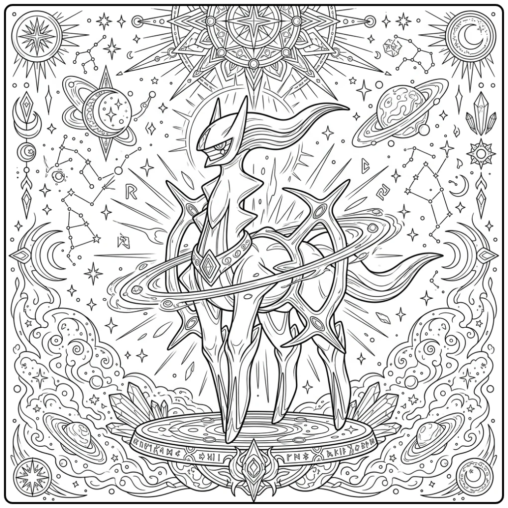 Majestueuze Arceus kleurplaat pokemon moeilijk met ring en sterren