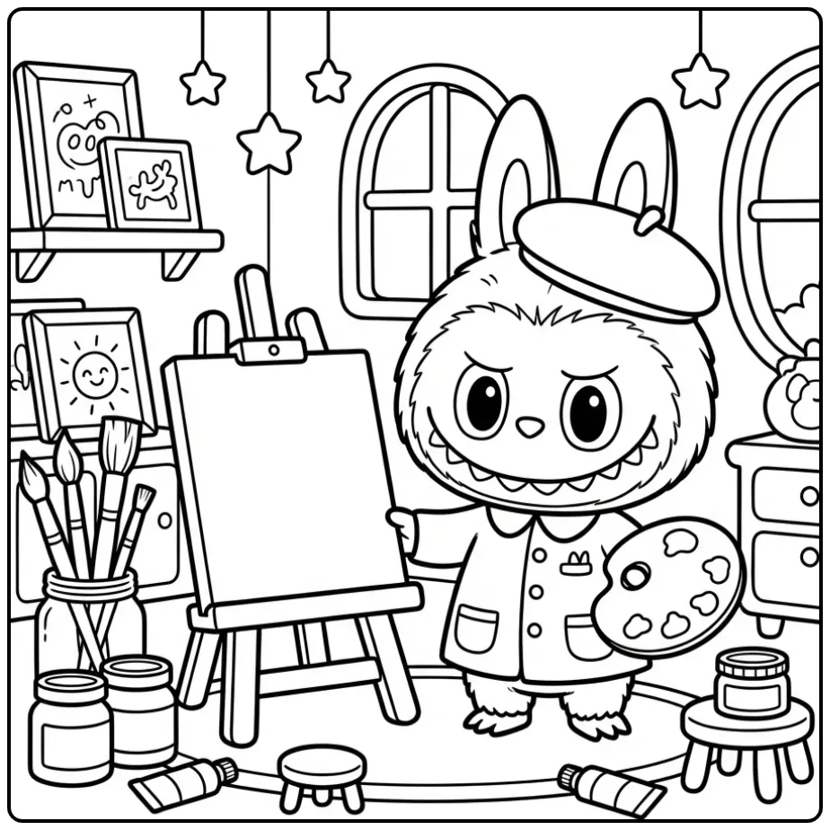 Schattige Labubu kleurplaat met kleren als kunstschilder.