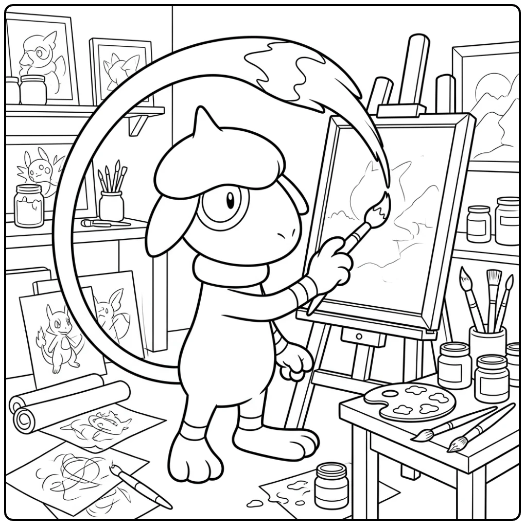 Pokemon Smeargle kleurplaat met schildersezel en potjes.