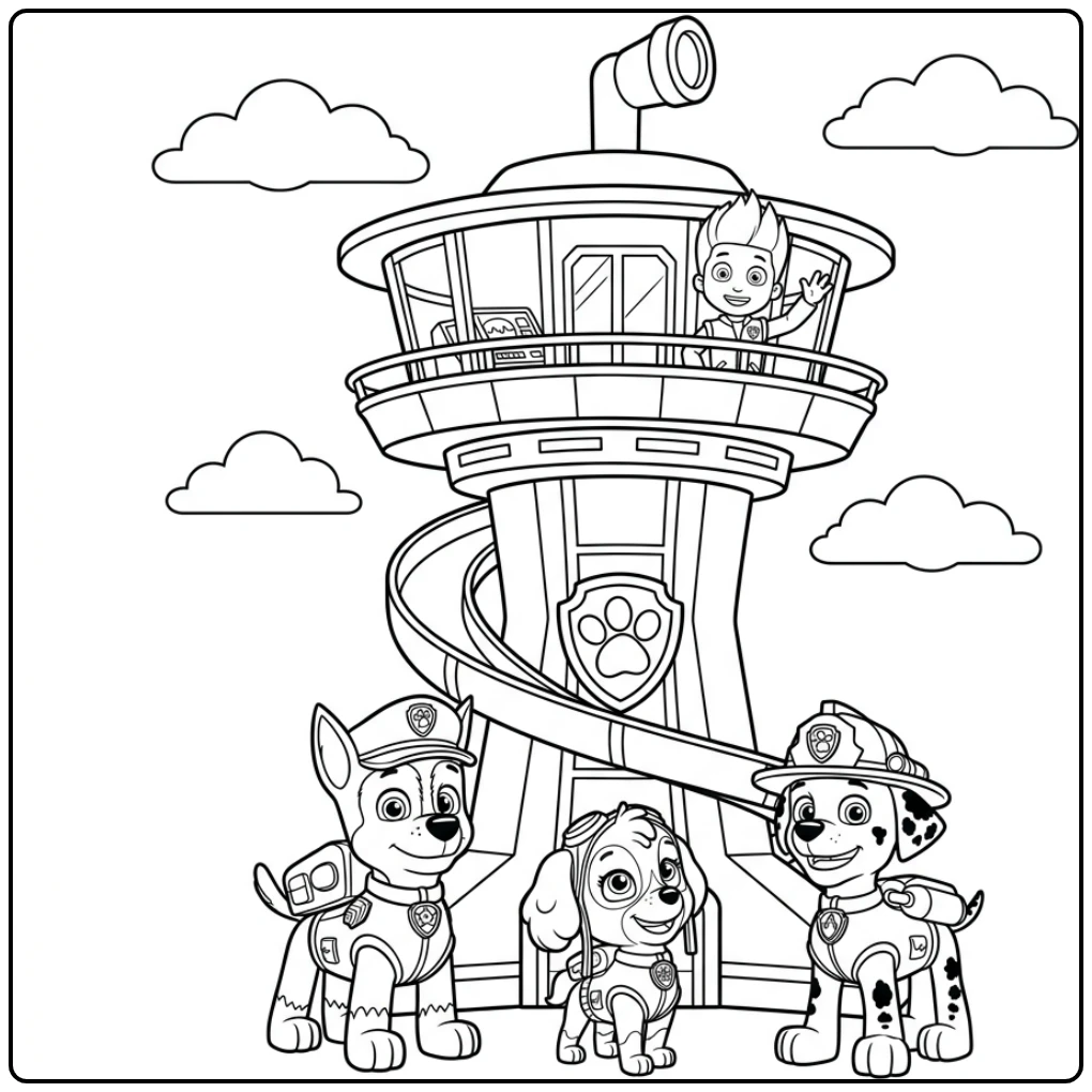 Ryder en pups klaar voor missie bij paw patrol uitkijktoren kleurplaat