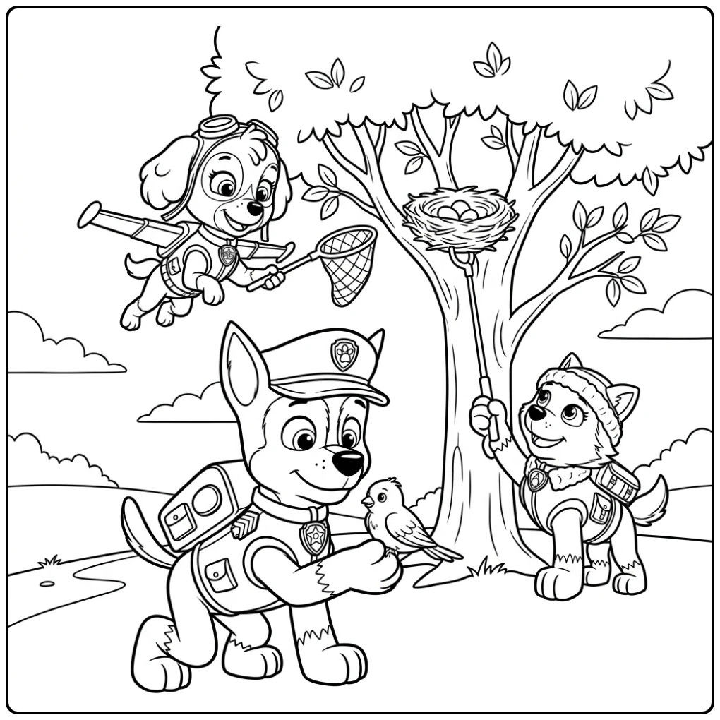 Kleurenpagina: kleurplaat paw patrol chase redt vogeltje met Skye