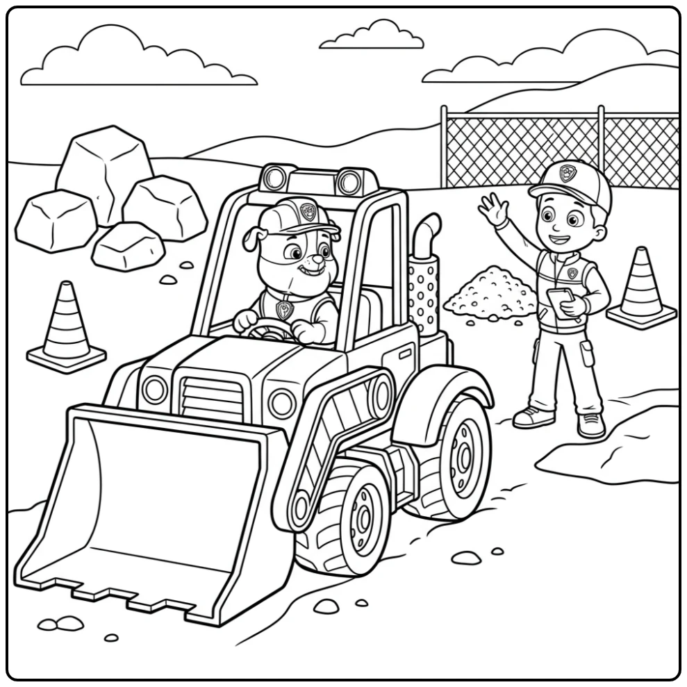 Rubble in zijn bulldozer, Ryder kijkt toe - kleurplaat paw patrol rubble.