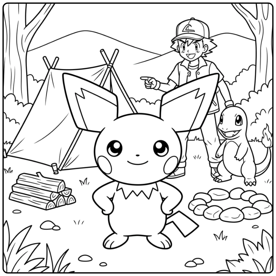 Leuke kleurplaat pichu met Ash en Charmander bij de tent.