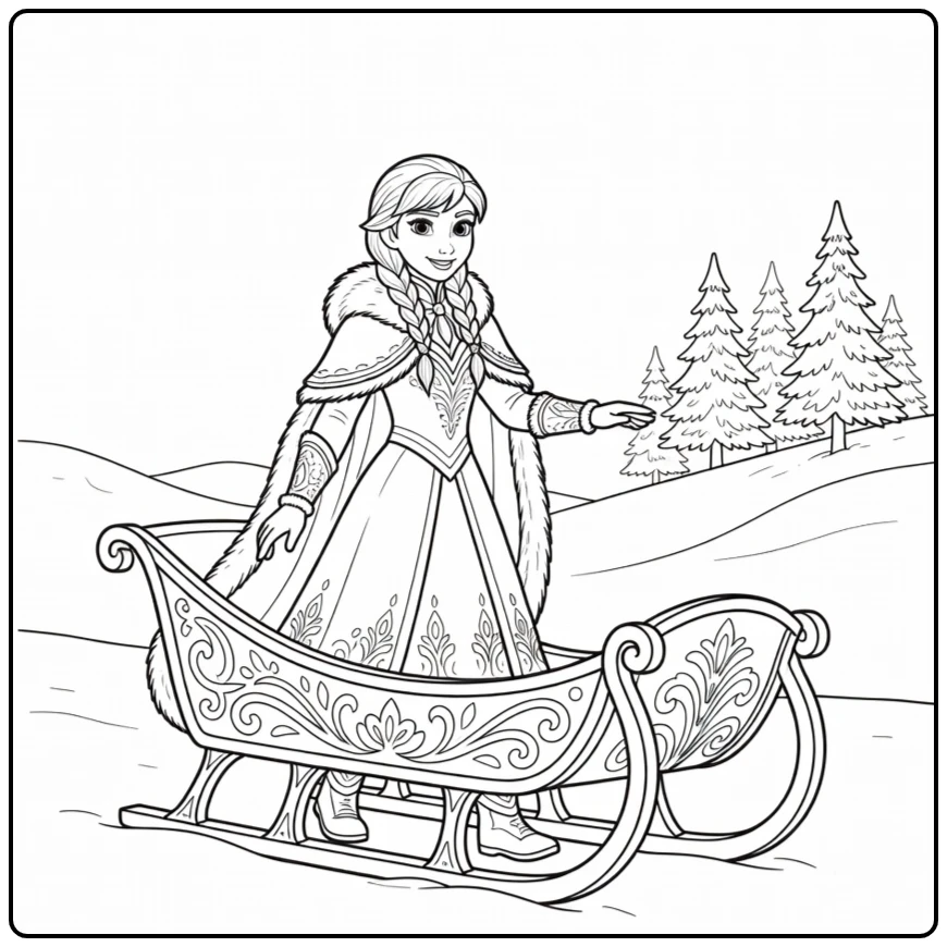 Mooie anna kleurplaat met een slee in een winterlandschap.