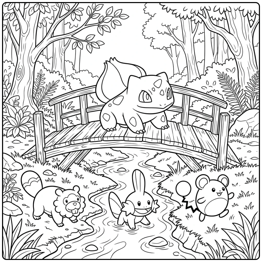 Leuke bulbasaur kleurplaat op een brug met vrienden.