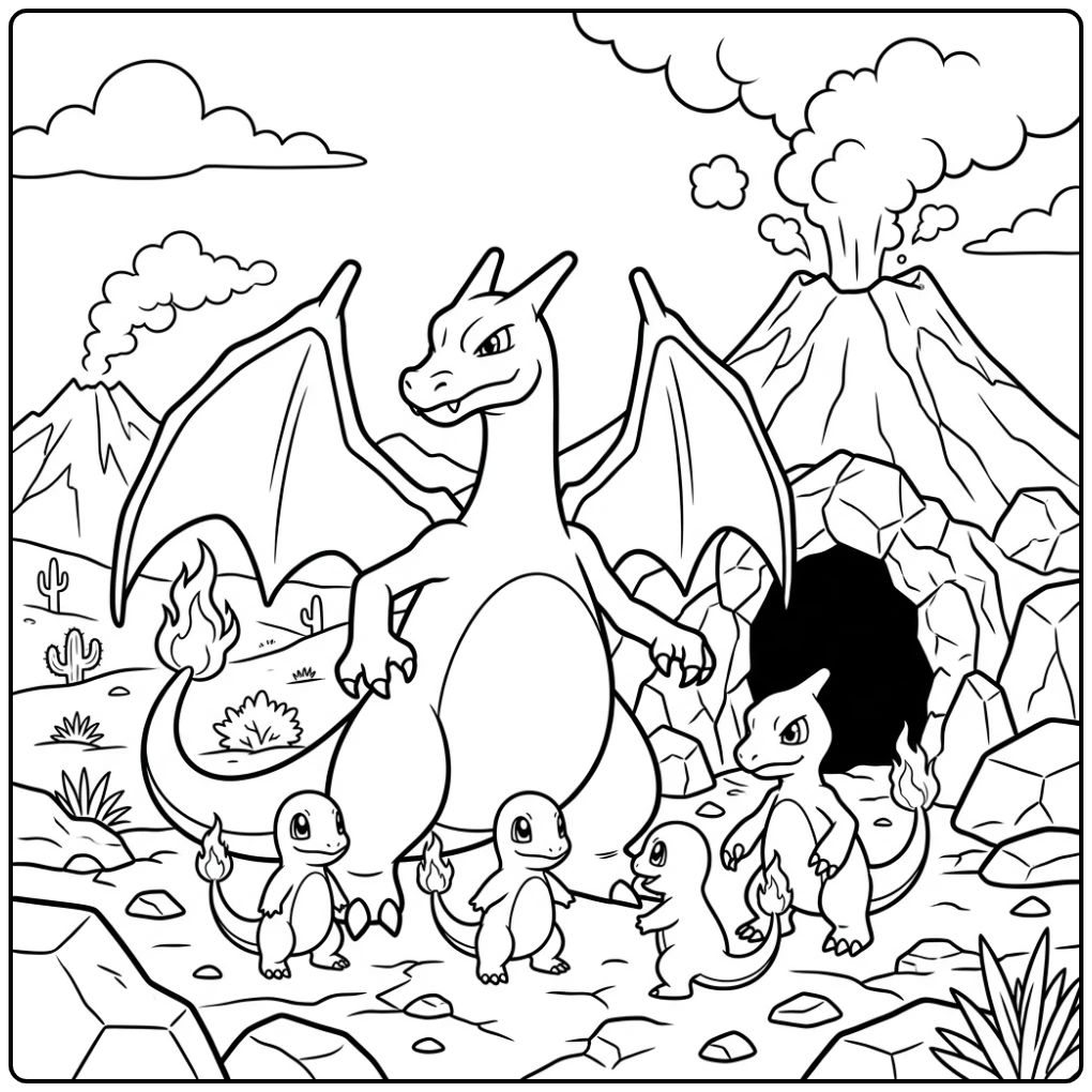 Machtige charizard kleurplaat beschermt zijn jongen bij vulkaan