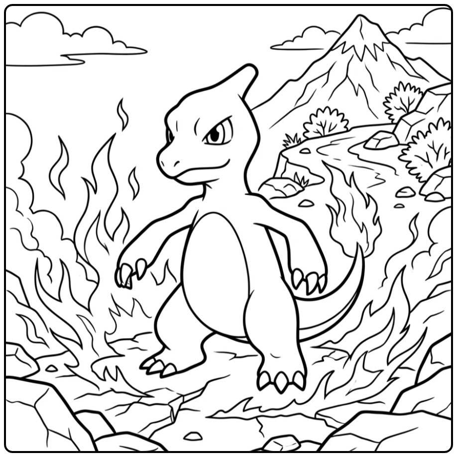 Stoere Charmeleon kleurplaat op een ruig bergpad.
