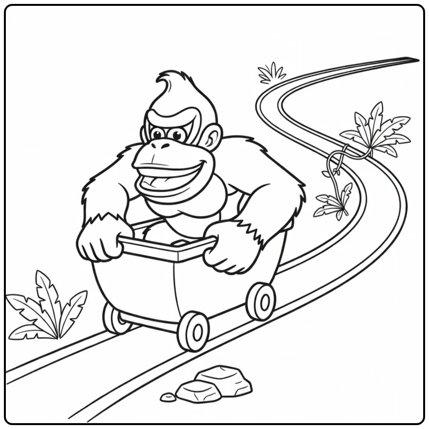 Spannende donkey kong kleurplaat in een mijnkarretje.