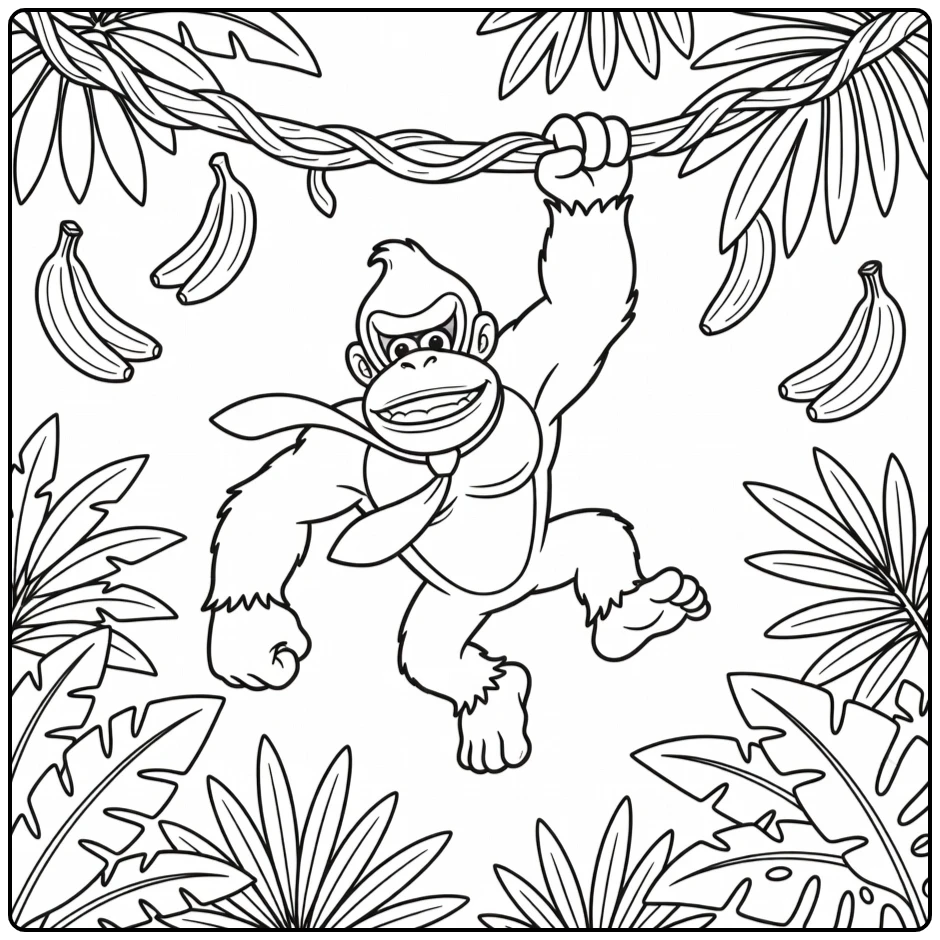 donkey kong kleurplaat met slingerende aap aan een liaan.