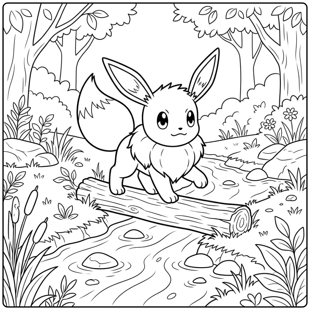 Schattige eevee kleurplaat van Eevee balancerend over beekje op boomstam.