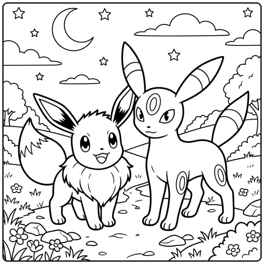 Trotse eevee kleurplaat met Umbreon onder nachtelijke hemel