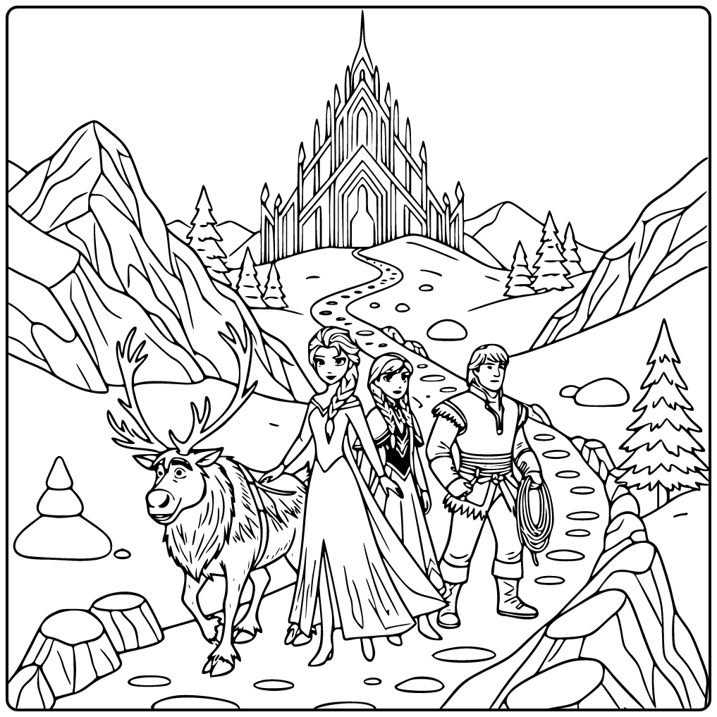 Mooie elsa kleurplaat met Anna, Kristoff en Sven in bergen.