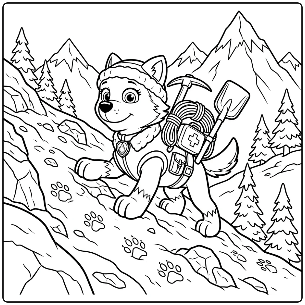 Everest beklimt een besneeuwde berg met reddingsuitrusting: everest paw patrol kleurplaat.