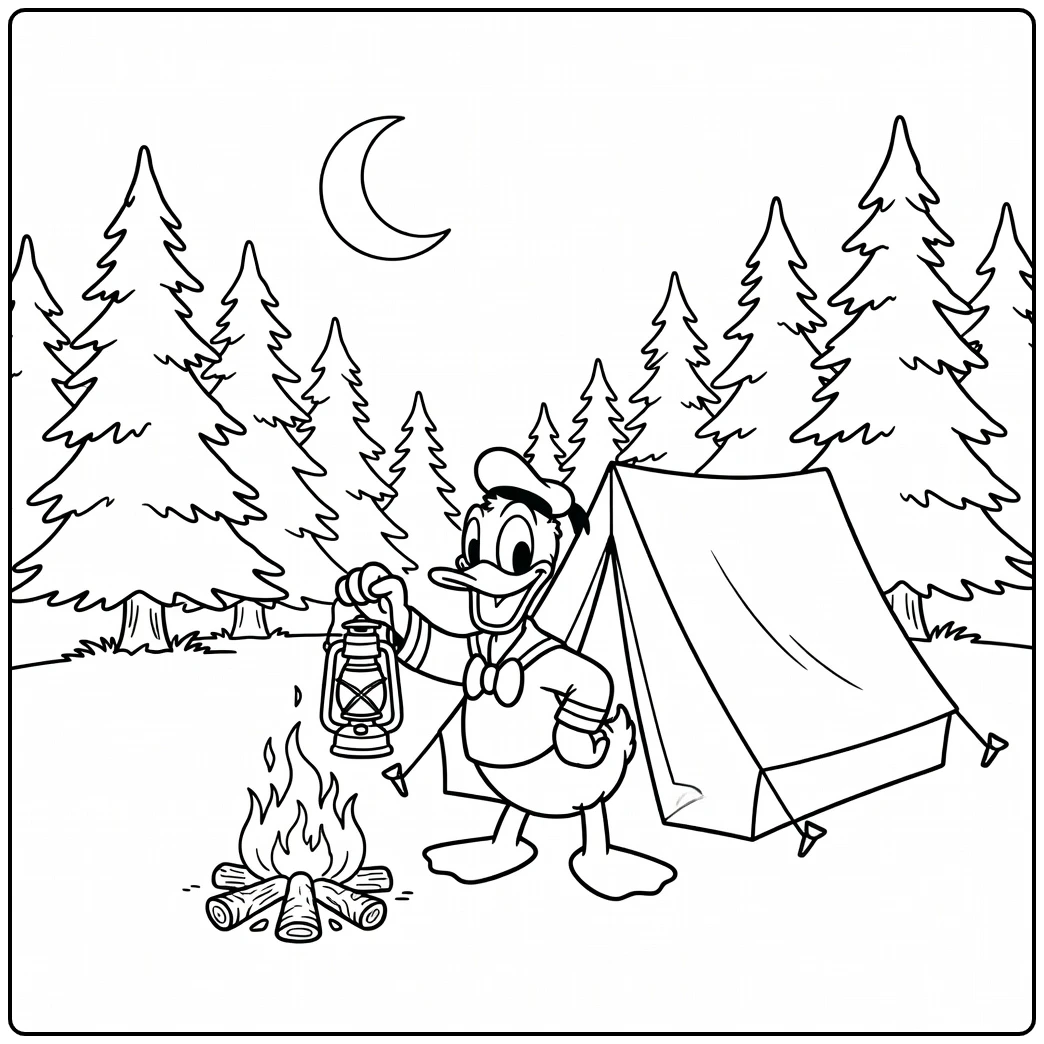 Donald Duck kampeert bij maanlicht, een kleurplaat donald duck moeilijk